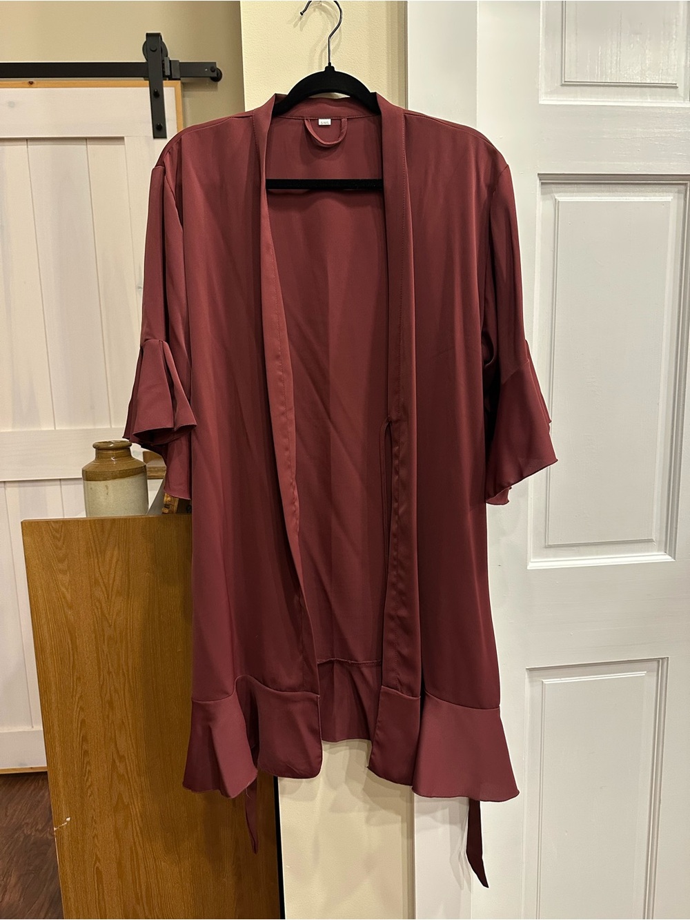 SHEIN Satin Burgundy Open-Front Robe with Flared Hem - Bridesmaid Robe